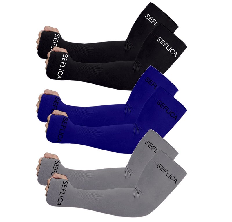 SEFLICA UV Sun Protection Cooling UPF 50 Compression Arm Sleeve for Men and Women With Thumb Hole, Arm Sleeves for Boys and Girls, For Tattoo Cover Up and Sports, 3 Pair - Black, Blue And Grey - Image 1