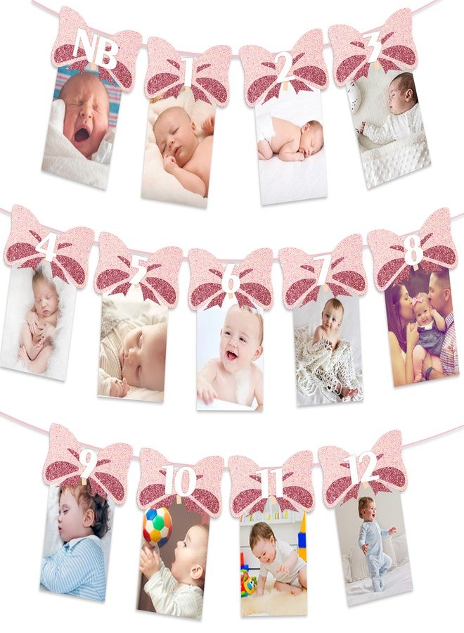 Aukolass Pink Bow 1st Birthday Photo Banner from Newborn to 12 Months,Baby Girl Monthly Milestones Garland for First Birthday Party Decoration (Pink) - Image 1