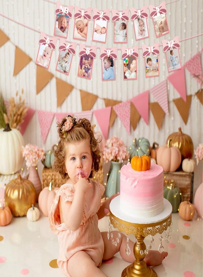 Aukolass Pink Bow 1st Birthday Photo Banner from Newborn to 12 Months,Baby Girl Monthly Milestones Garland for First Birthday Party Decoration (Pink) - Image 5