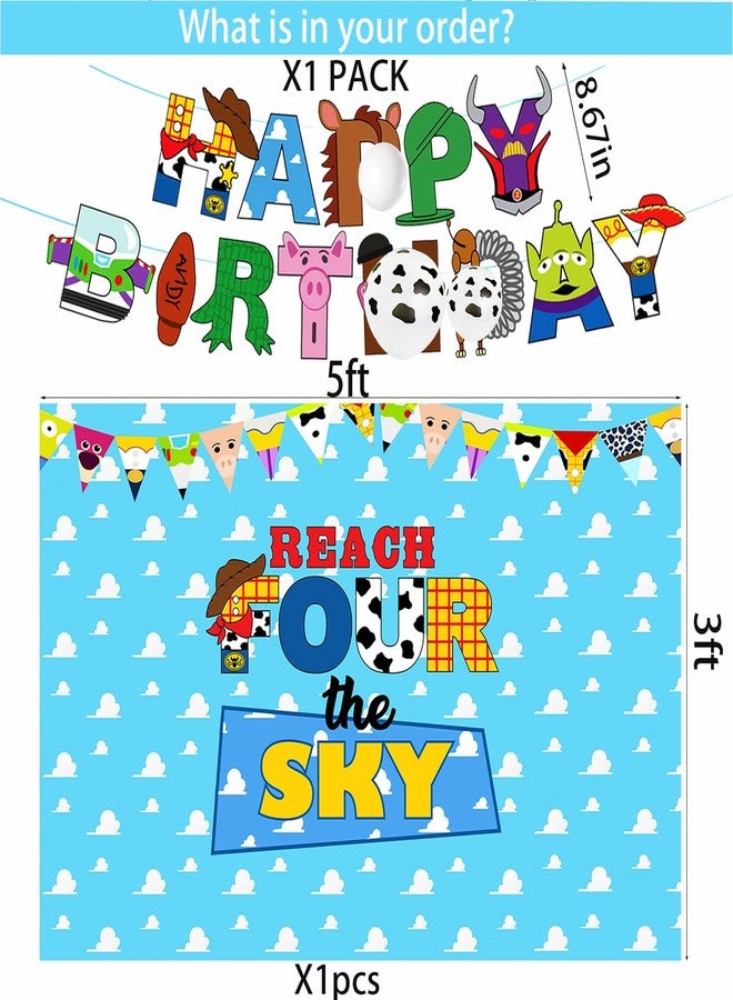 BIGKEOKI Cartoon Story Party Supplies 4th Birthday include Reach Four The Sky Cake Topper Backdrop Cupcake Toppers Balloons Banner for 4th Boys Girls Birthday Decorations - Image 2