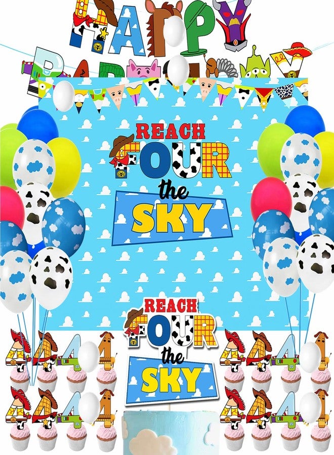 BIGKEOKI Cartoon Story Party Supplies 4th Birthday include Reach Four The Sky Cake Topper Backdrop Cupcake Toppers Balloons Banner for 4th Boys Girls Birthday Decorations - Image 1