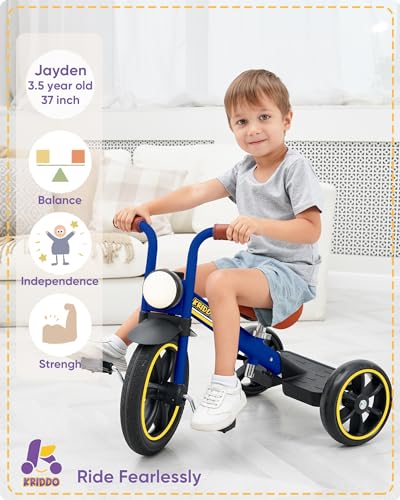 KRIDDO Kids 12 Inch Tricycle With Puncture Free Wheels Front Light Adjustable Seat  Gift for 25 Year Olds Blue - Image 5