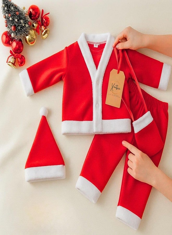 XANTHIC Santa Claus Costume Set for Kids, Red and White Christmas Outfit with Jacket, Pant, Cap and Pouch, 4 Piece Set, Age 0 to 3 Months - Image 1