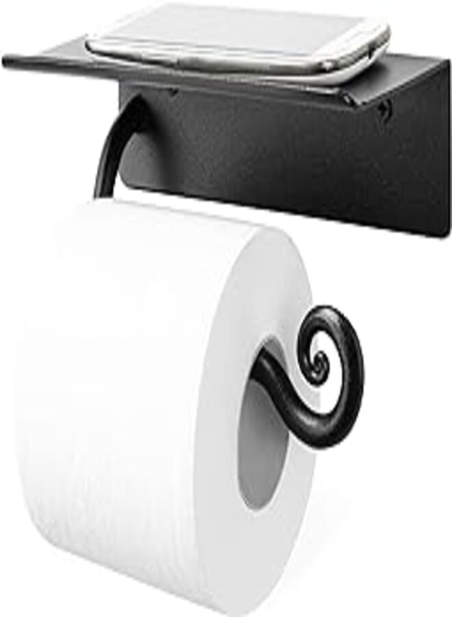 RTZEN Bathroom Toilet Paper Holder with Shelf - Handcrafted Rustic Wrought Iron Wall Decor Toilet Roll Holder - Black Wall Mount Toilet Paper Bar for Modern Farmhouse Bathroom Decor