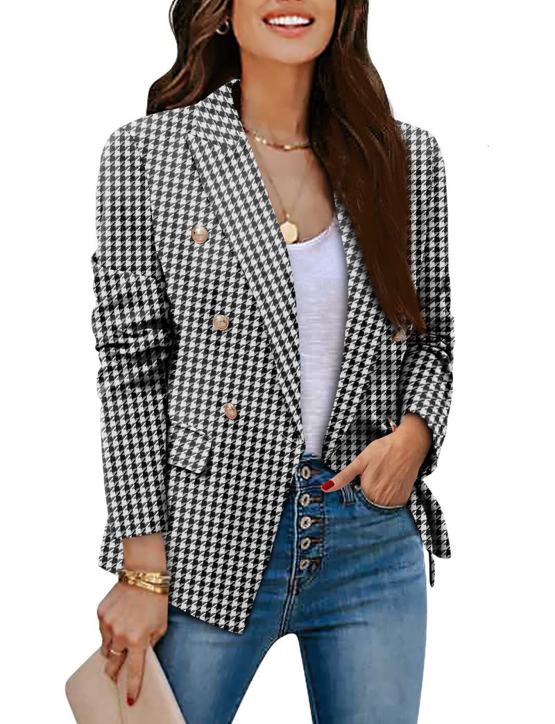 CRAZY GRID Womens Double Breasted Blazer Open Front Business Casual Blazer Jackets Dressy Long Sleeve Suit Jacket Lapel Gold Button Ladies Work Office Blazer Black Houndstooth Small - Image 2