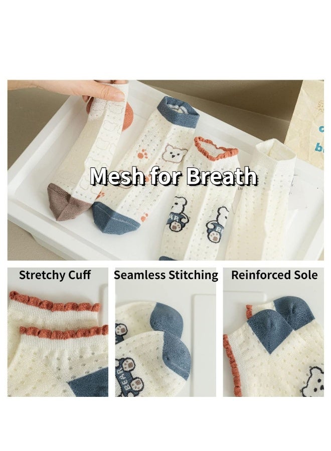 Cute Socks for Women, 5 Pairs Bear Patterned Design Combed Cotton Mesh Breathable Ankle Socks, Cute Ankle Socks for Women - Image 3
