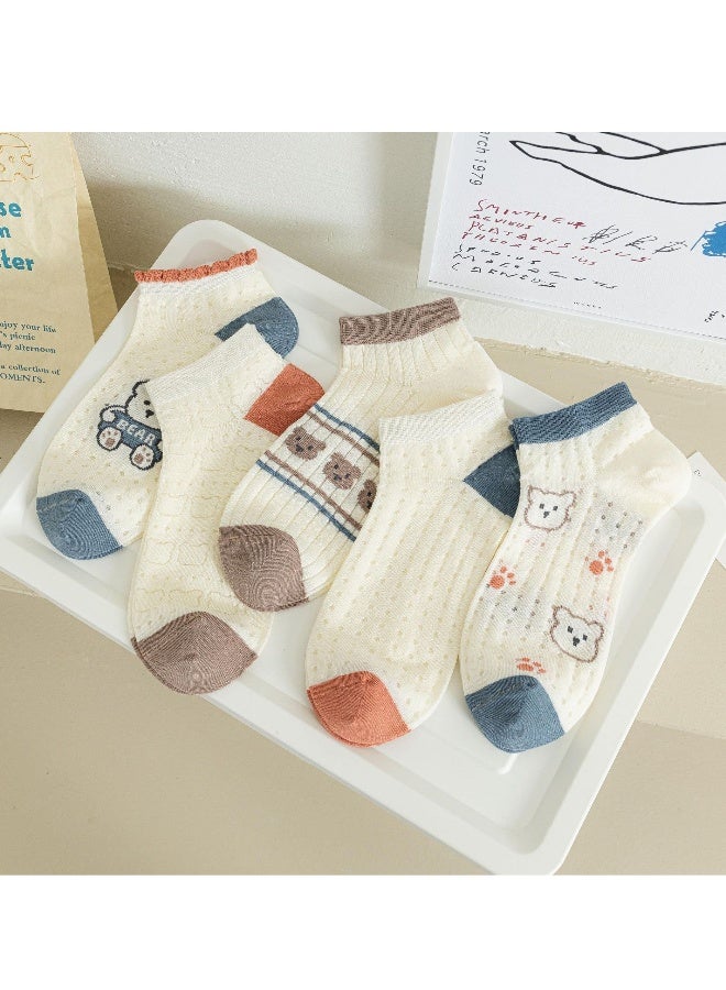 Cute Socks for Women, 5 Pairs Bear Patterned Design Combed Cotton Mesh Breathable Ankle Socks, Cute Ankle Socks for Women - Image 2