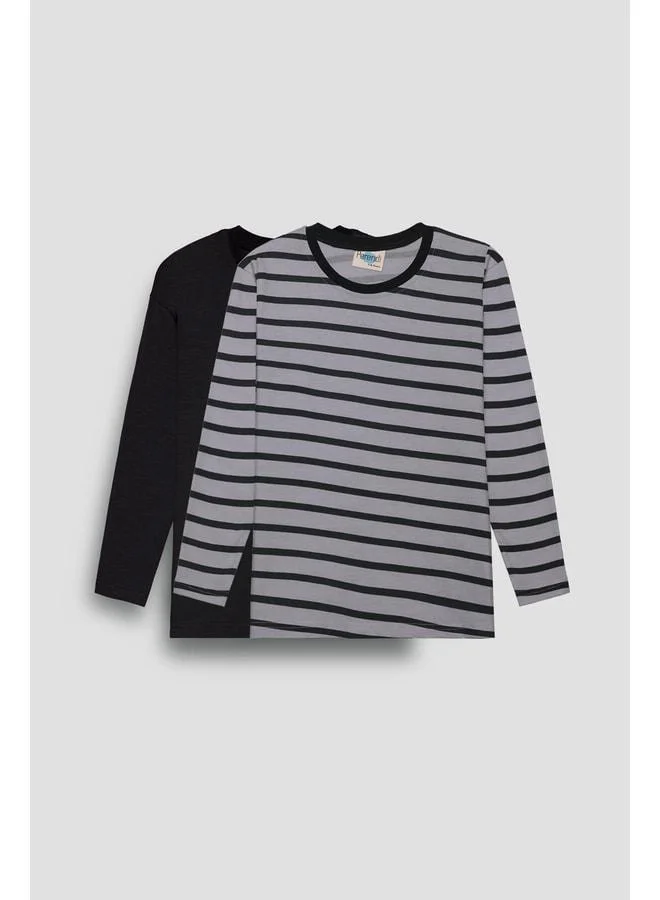 Perendi 2-Pack Bicycle Collar Long Sleeve Striped and Plain Unisex Kids T-shirt Black/Gray-Black.