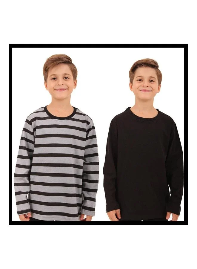 Perendi 2-Pack Bicycle Collar Long Sleeve Striped and Plain Unisex Kids T-shirt Black/Gray-Black.