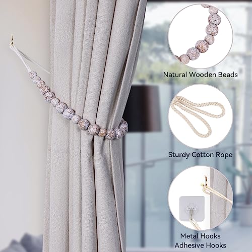 KLOGTSIND Wood Bead Curtain Tiebacks, KLOGTSIND Set of 2 Curtain Holdbacks for Thin or Thick Window Draperies, Boho Farmhouse Curtain Tiebacks with Hooks, Curtain Tie Backs for Home Office Room Decor - Image 5