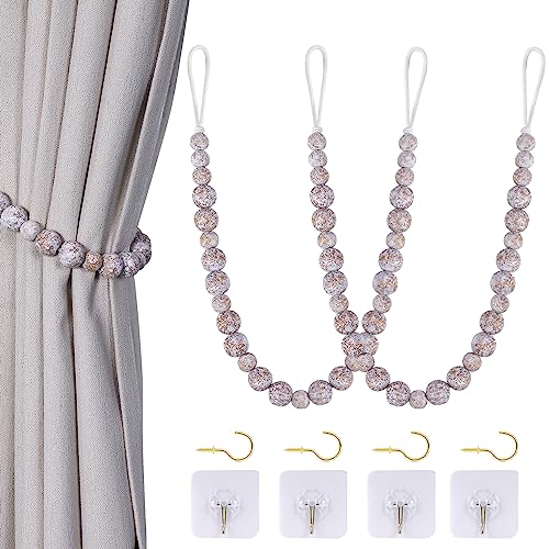 KLOGTSIND Wood Bead Curtain Tiebacks, KLOGTSIND Set of 2 Curtain Holdbacks for Thin or Thick Window Draperies, Boho Farmhouse Curtain Tiebacks with Hooks, Curtain Tie Backs for Home Office Room Decor - Image 1