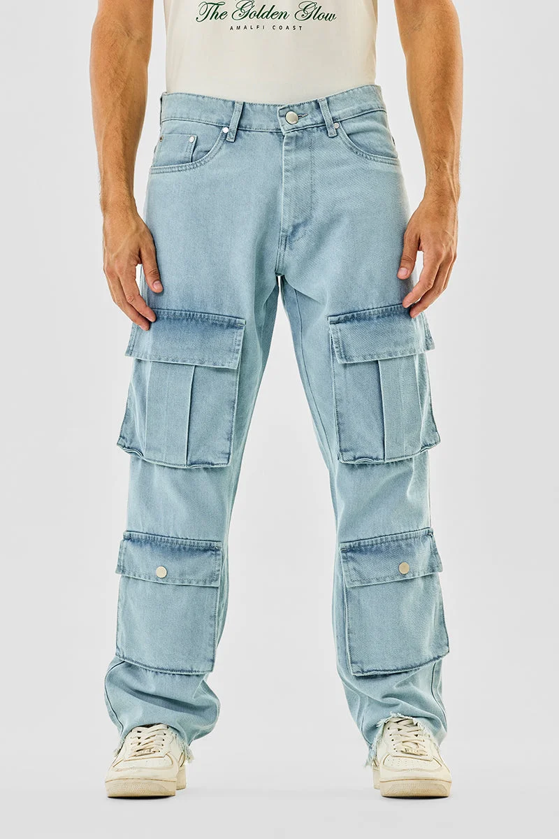 Snitch Blue 8 Pocket Baggy Cargo Jeans for Men | Best Price UAE