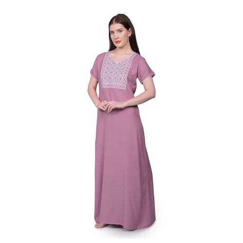 SAND DUNE Alpine Long Nighty Short Sleeves Embroidered Night Gown for Women Light Purple - Image 3