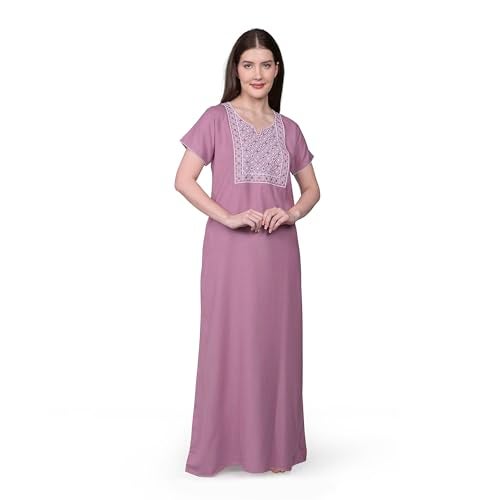 SAND DUNE Alpine Long Nighty Short Sleeves Embroidered Night Gown for Women Light Purple - Image 1