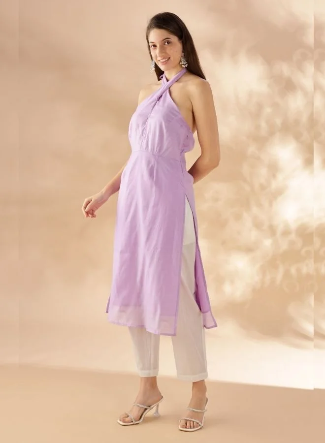 Abhishti Halter Neck Straight Kurta - Lavender