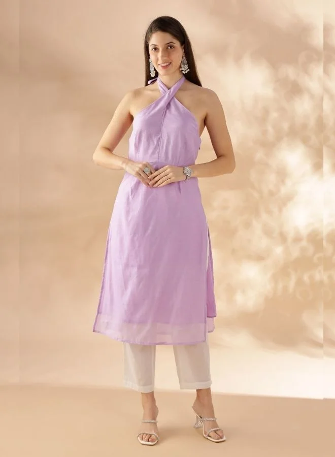 Abhishti Halter Neck Straight Kurta - Lavender