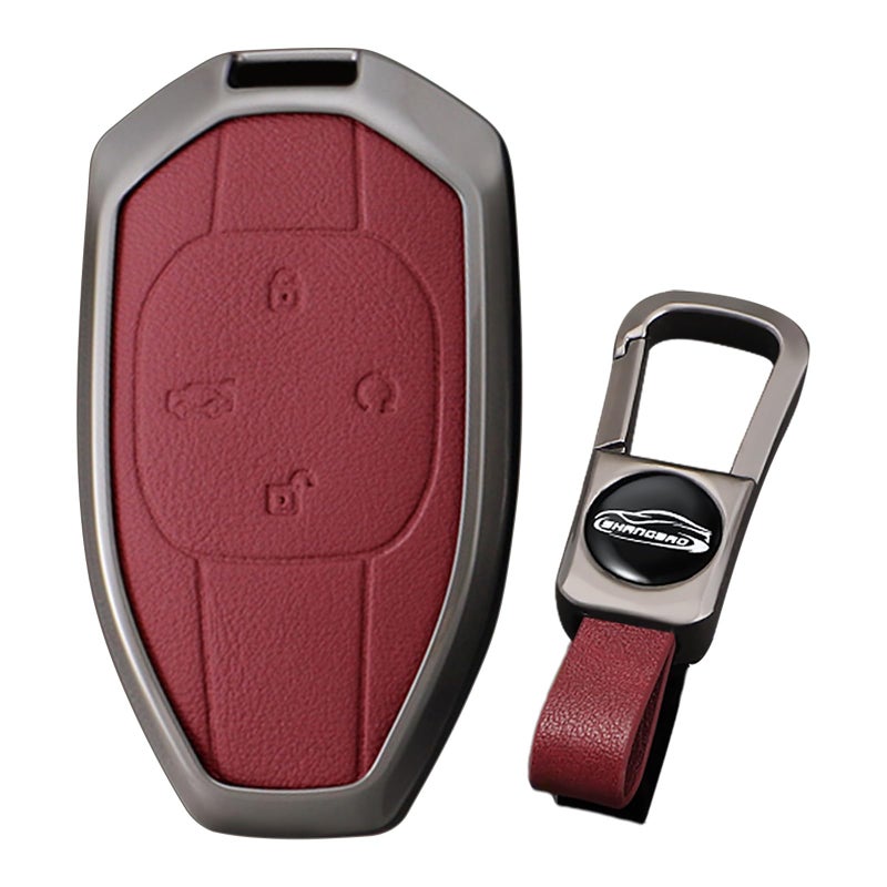 KUNIO Leather Metal Car Key Fob Cover Fit for Trumpchi GAC 2021 Empow J11 J12 GS8 GM6 Key Protective Cover Keychain Key Holder Key Cover 4 Button C Red