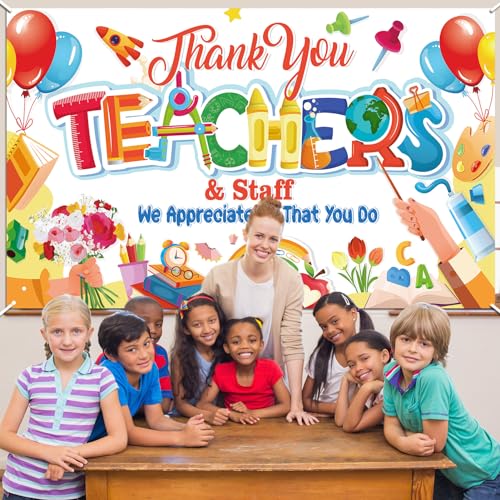 HOWAF Teacher Appreciation Week Backdrop Banner School Classroom Decorations, Thank You Teachers Staff We Appreciate You Background Banner for Teacher's Day Supplies, Thank You Teachers Hanging Sign - Image 4