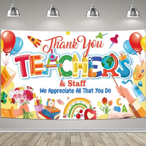 HOWAF Teacher Appreciation Week Backdrop Banner School Classroom Decorations, Thank You Teachers Staff We Appreciate You Background Banner for Teacher's Day Supplies, Thank You Teachers Hanging Sign - Image 1