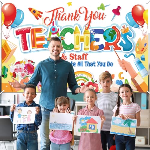 HOWAF Teacher Appreciation Week Backdrop Banner School Classroom Decorations, Thank You Teachers Staff We Appreciate You Background Banner for Teacher's Day Supplies, Thank You Teachers Hanging Sign - Image 5