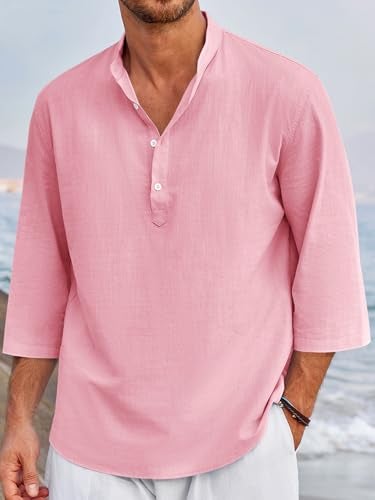 Ryannology Mens Linen Shirts Henley 3/4 Sleeve Casual Cotton T-Shirt Regular-Fit Lightweight Beach Yoga Tunic Tops - Image 2