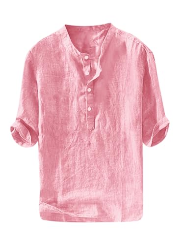 Ryannology Mens Linen Shirts Henley 3/4 Sleeve Casual Cotton T-Shirt Regular-Fit Lightweight Beach Yoga Tunic Tops - Image 1