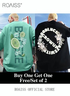 roaiss 2Pcs Man's T-shirt Loose Version Trendy All-Match Pattern Printing Short Sleeves  - Image 1