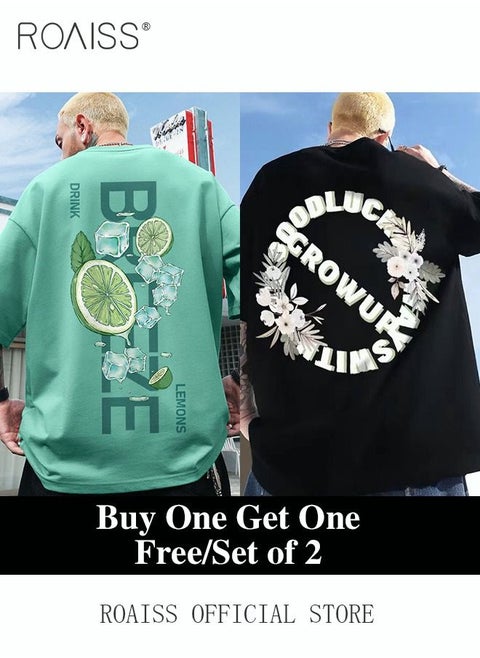 2Pcs Man's T-shirt Loose Version Trendy All-Match Pattern Printing Short Sleeves