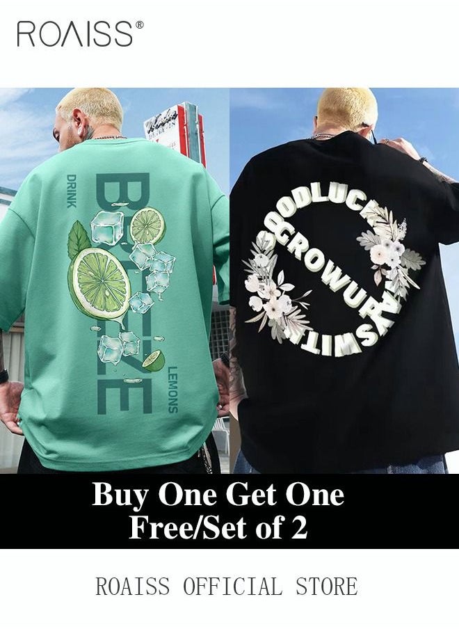 roaiss - 2Pcs Man's T-shirt Loose Version Trendy All-Match Pattern Printing Short Sleeves - Image 1