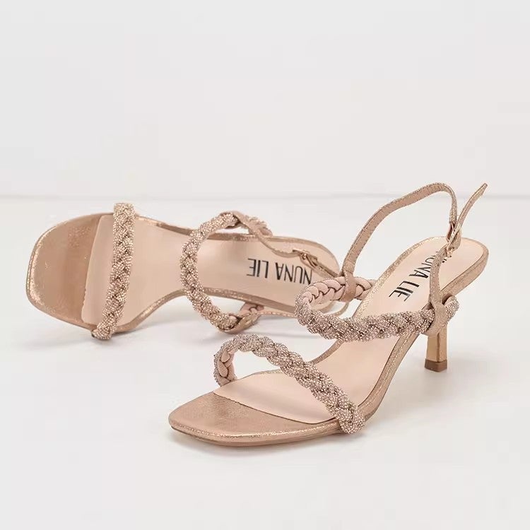 Champagne Gold One-Strap Rhinestone High Heel Sandals - Image 3