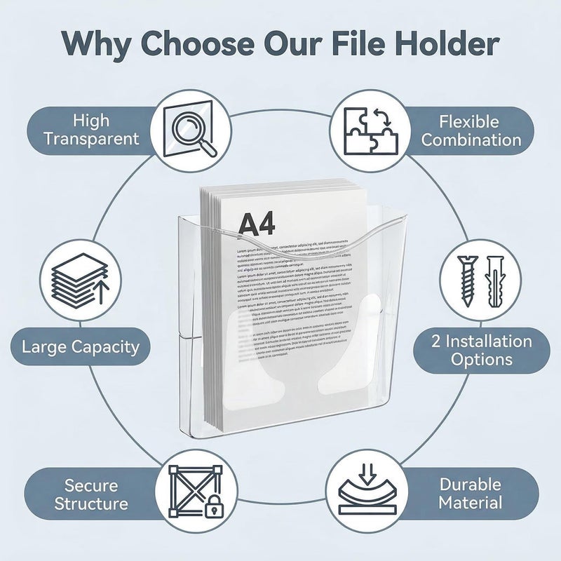 PAG 6-Pocket Clear Wall Mount File Organizer for Office, Vertical Hanging Document Paper Folder Holder for Home, Letter Size Mail Sorter, Transparent Magazine Literature Rack with Mounting Hardware - Image 5