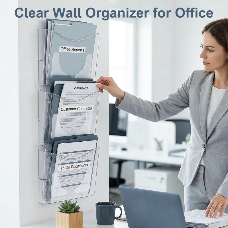 PAG 6-Pocket Clear Wall Mount File Organizer for Office, Vertical Hanging Document Paper Folder Holder for Home, Letter Size Mail Sorter, Transparent Magazine Literature Rack with Mounting Hardware - Image 2