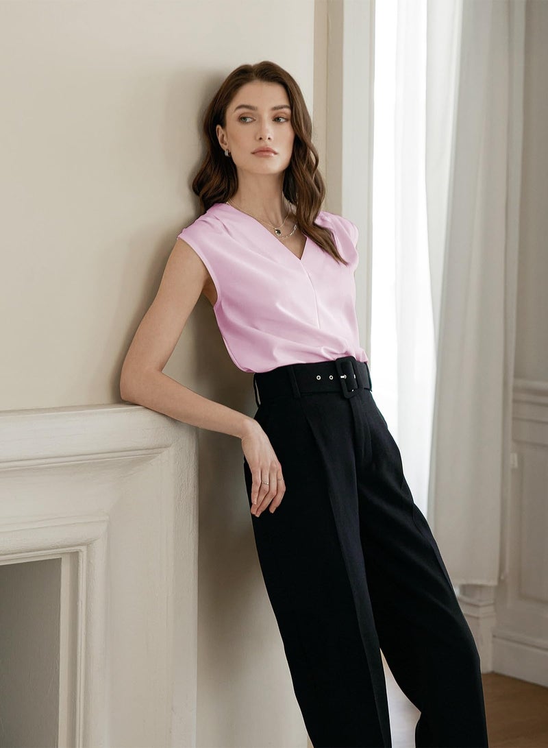 EVALESS Work Tops for Women Dressy Casual Sleeveless Blouses Pleated V Neck Basic Shirts Summer Trendy 2026 Light Pink XL - Image 4