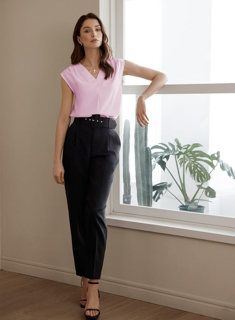 EVALESS Work Tops for Women Dressy Casual Sleeveless Blouses Pleated V Neck Basic Shirts Summer Trendy 2026 Light Pink XL - Image 5