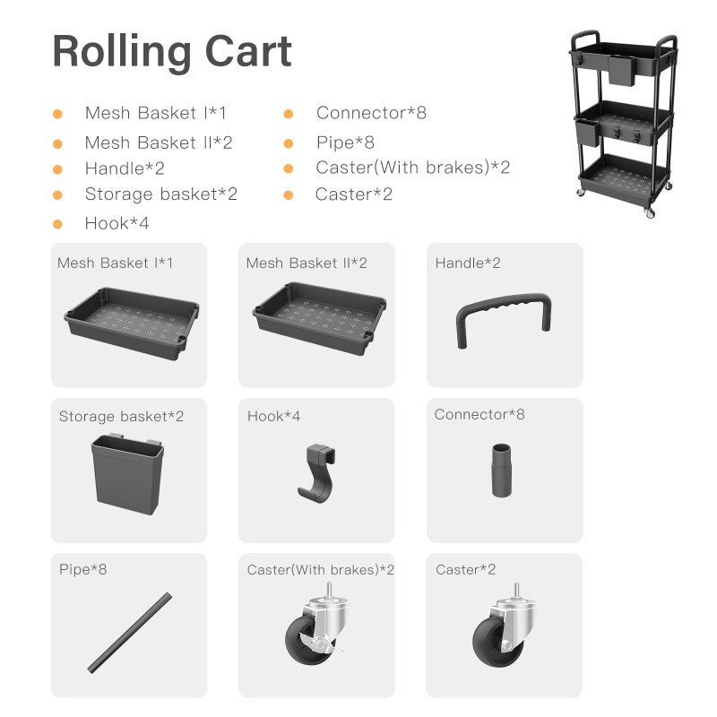 REBECAT 3 Tier Rolling Utility Cart with Handle,REBECAT Utility Cart Made of Multifunctional Storage Organizer Tool for Kitchen,Bathroom,Living Room,Office(Black) - Image 4