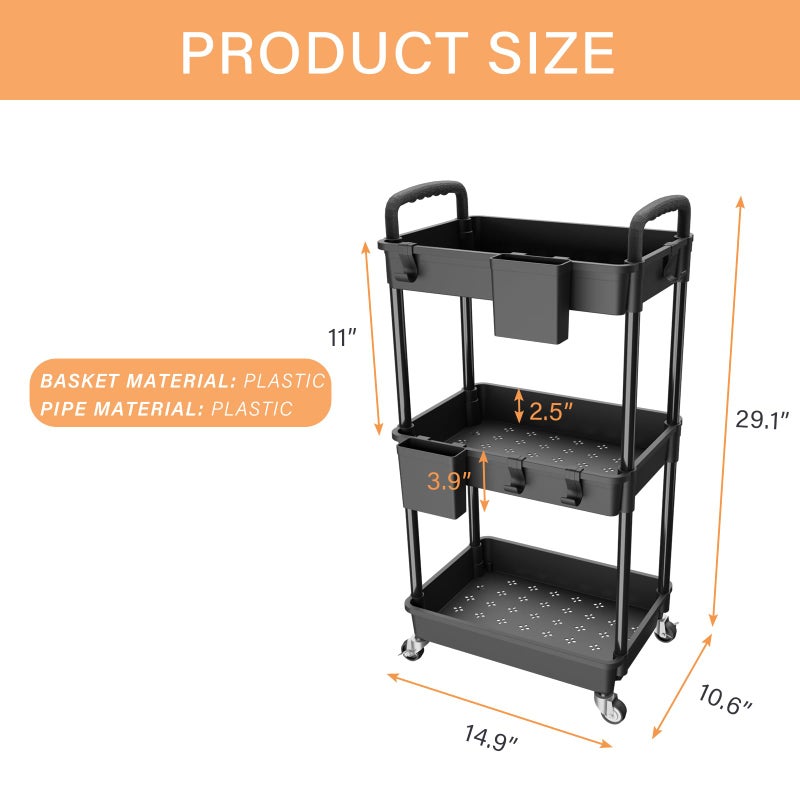 REBECAT 3 Tier Rolling Utility Cart with Handle,REBECAT Utility Cart Made of Multifunctional Storage Organizer Tool for Kitchen,Bathroom,Living Room,Office(Black) - Image 5