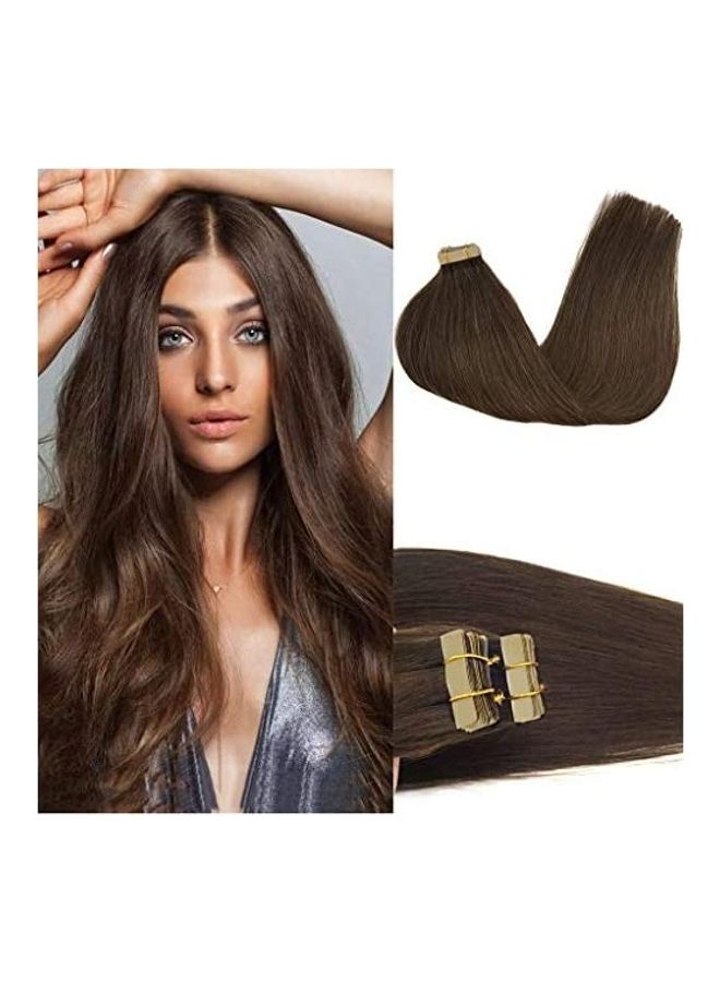 وصلة شعر طبيعي أملس حريري مزودة بشريط لاصق شوكولاتة بنية 16بوصة
