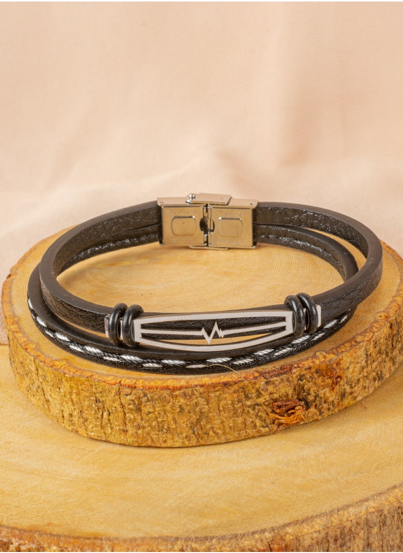 The Black Pearl Accessories - 2 Layered Stainless Steel & Black Leather Bracelet For Men - Image 1