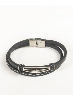 2 Layered Stainless Steel & Black Leather Bracelet For Men