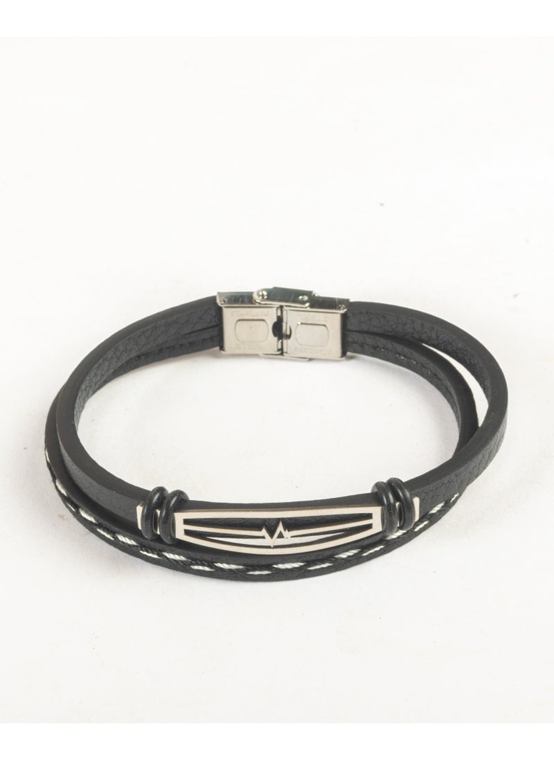 The Black Pearl Accessories - 2 Layered Stainless Steel & Black Leather Bracelet For Men - Image 1
