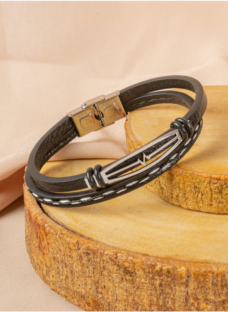The Black Pearl Accessories - 2 Layered Stainless Steel & Black Leather Bracelet For Men - Image 1