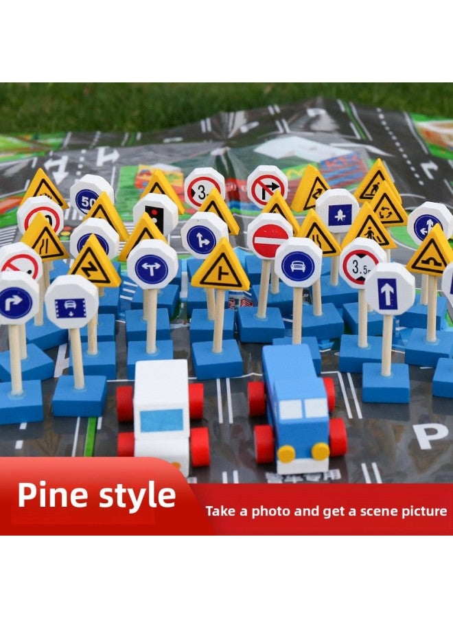 Montessori Teaching Aids Beech Pine Traffic Sign Light Building Blocks Safety Cognitive Game Road Signs Children's Wooden Educational Toys-Color:Color Boxed Pine  - Image 1