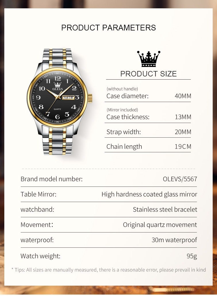 أوليفز ساعة OLEVS الكلاسيكية للأعمال كوارتز للرجال بمينا رقمية لعرض التاريخ والأسبوع وساعة مضيئة مقاومة للماء للرجال - Image 5