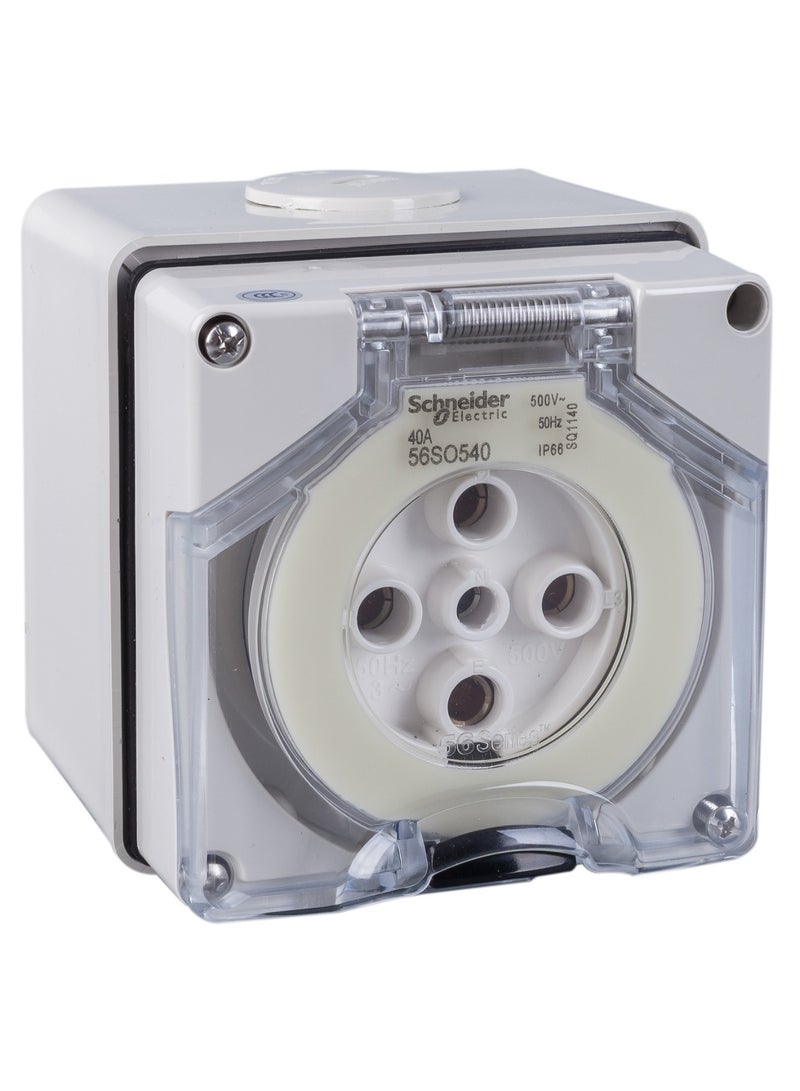 Schneider Electric WPS Socket-Outlet, 40A, 500V, 3-Phase, 5-Pole, Round Pin, IP66 - S56SO540GY