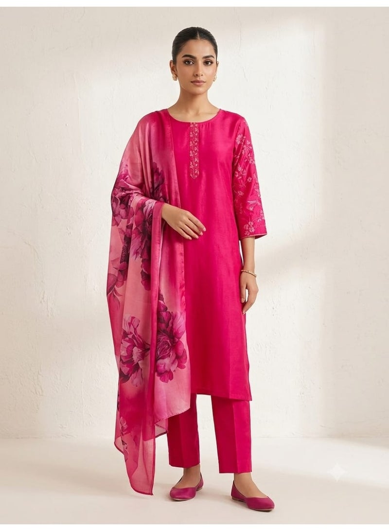 Women's Fuchsia Pink Kurti Set with Floral Dupatta