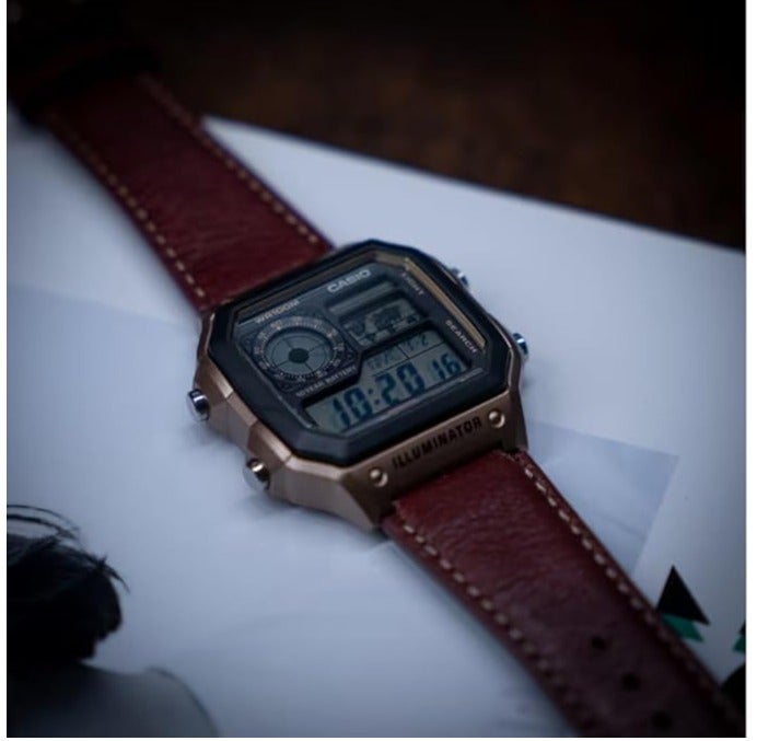 CASIO Men's  Royale Digital World Time Brown Leather Strap Watch AE-1200WHL-5AVDF - Image 5