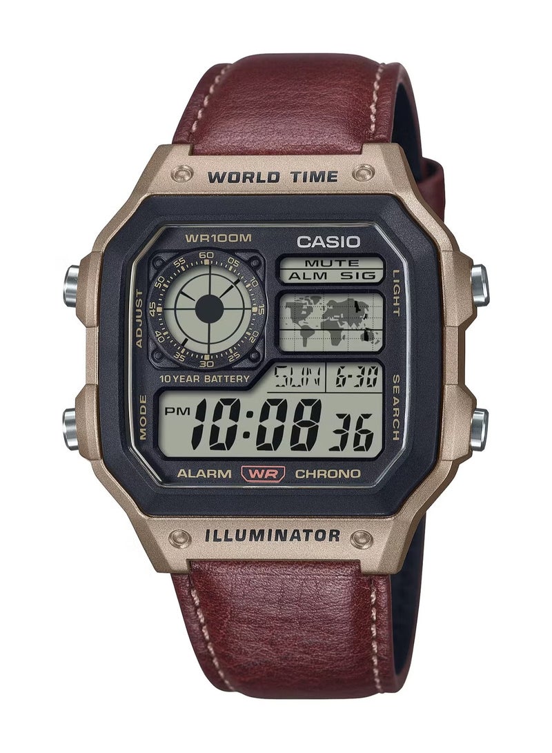 CASIO Men's  Royale Digital World Time Brown Leather Strap Watch AE-1200WHL-5AVDF - Image 1