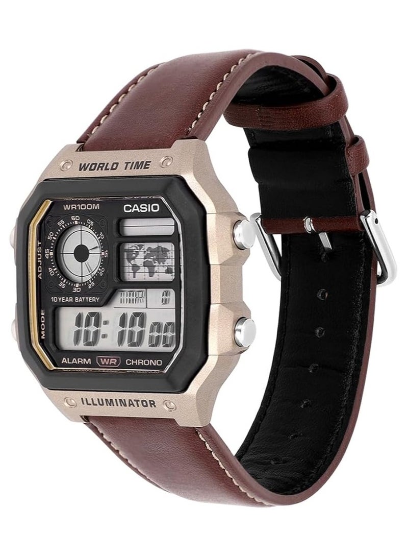 CASIO Men's  Royale Digital World Time Brown Leather Strap Watch AE-1200WHL-5AVDF - Image 2