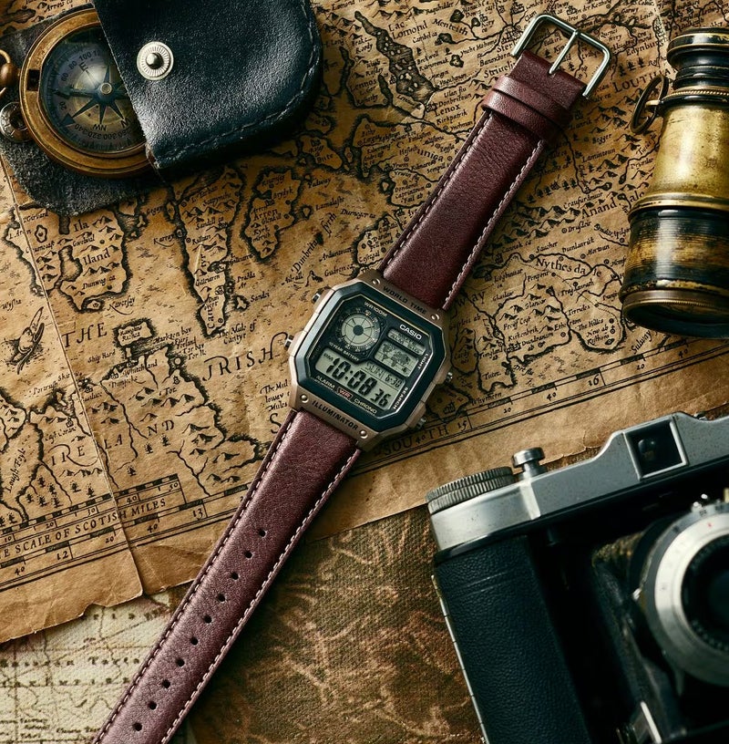 CASIO Men's  Royale Digital World Time Brown Leather Strap Watch AE-1200WHL-5AVDF - Image 4