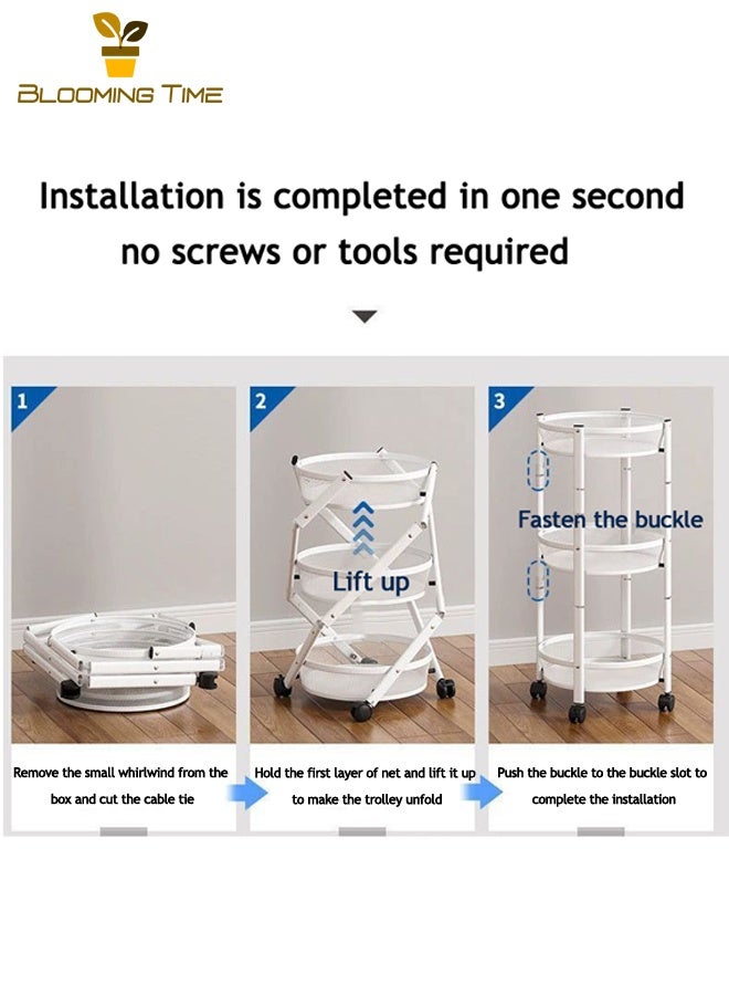 BLOOMING TIME Kitchen Folding Racks, Multi-Layer Fruit And Vegetable Snack Storage Carts, Movable Racks, Rotatable Racks, Installation-Free Vegetable Racks, Multi-Function Storage Racks, White - Image 4